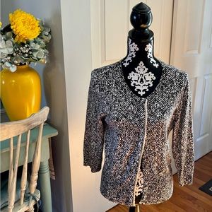 WHBM Sz L Black White Geo Cardigan Sweater With Silver Snap Buttons & Beading